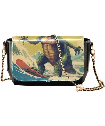 Surfing Dinosaur Leather Crossbody Bag for Women Small Handbag with Chain Strap, Flip-Top Crossbody Purse $17.60 Crossbody Bags