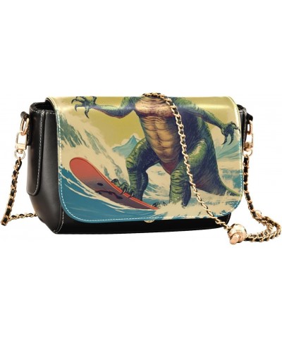 Surfing Dinosaur Leather Crossbody Bag for Women Small Handbag with Chain Strap, Flip-Top Crossbody Purse $17.60 Crossbody Bags