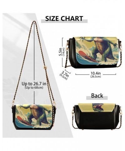 Surfing Dinosaur Leather Crossbody Bag for Women Small Handbag with Chain Strap, Flip-Top Crossbody Purse $17.60 Crossbody Bags