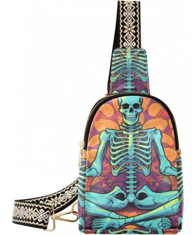 Women's Sling Bag Meditation Skull Print with Adjustable Strap Zipper Closure, PU Leather Water Resistant Crossbody Bag Purse...