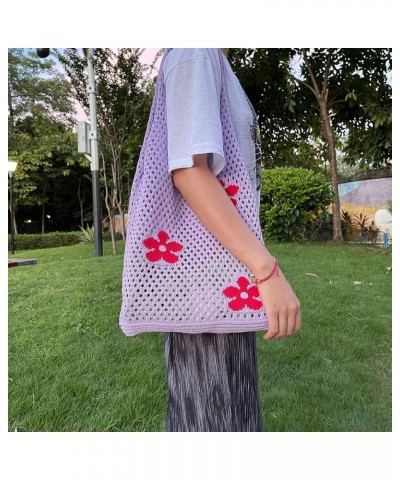 Cute Crochet Tote Bag Mesh Beach Bag Fairycore Hobo Bag Y2k Purse for Women Girls Flower/Purple $10.99 Totes