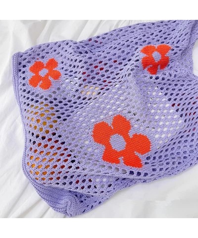 Cute Crochet Tote Bag Mesh Beach Bag Fairycore Hobo Bag Y2k Purse for Women Girls Flower/Purple $10.99 Totes