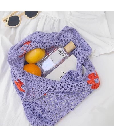 Cute Crochet Tote Bag Mesh Beach Bag Fairycore Hobo Bag Y2k Purse for Women Girls Flower/Purple $10.99 Totes