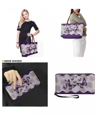 Womens Handbag with Matching Wallet, Large Top Handle Purse Shoulder Tote Bag with PU Clutch Wallet Purse Boho Butterfly-purp...