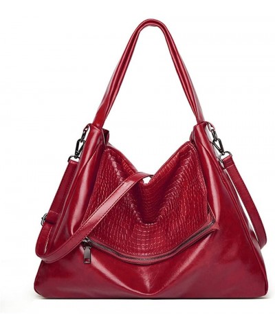 Hobo Tote Bag for Women Oil wax leather Handbag Crocodile Print Shoulder Bag Zipper Closure Crossbody Bag Red $22.78 Totes