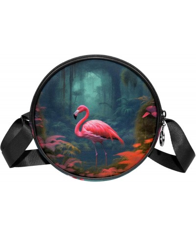 Small Round Crossbody Bag Shoulder Bag Handbag Purse, Forest Pattern Flamingo $11.74 Crossbody Bags