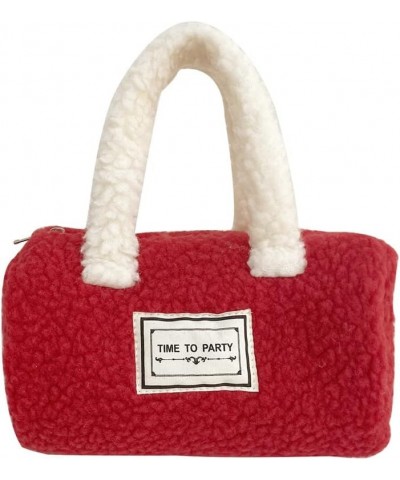 Plush Handbag Red Small Square Bag for Women Faux Lambswool Handbag Tote Purse Beige Handle $14.39 Handbags