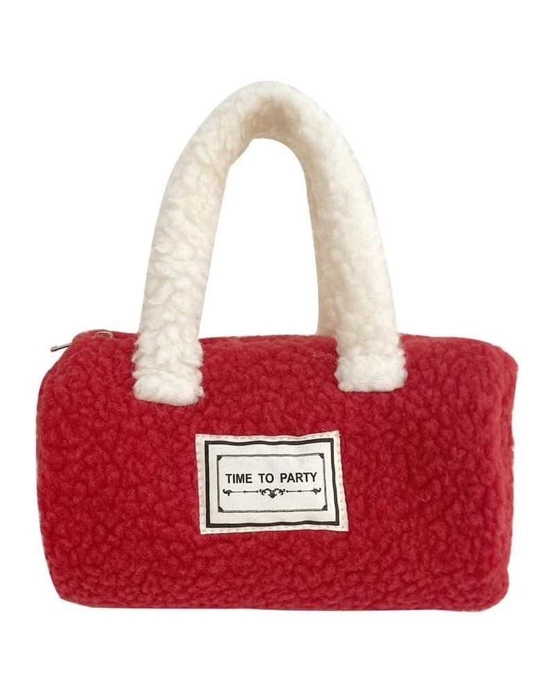 Plush Handbag Red Small Square Bag for Women Faux Lambswool Handbag Tote Purse Beige Handle $14.39 Handbags