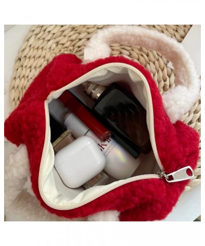 Plush Handbag Red Small Square Bag for Women Faux Lambswool Handbag Tote Purse Beige Handle $14.39 Handbags