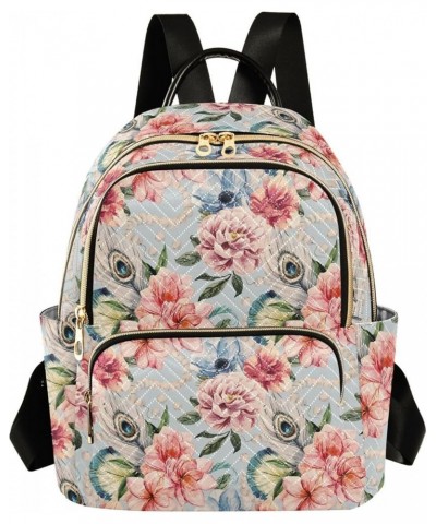 Watercolor Flowers Peonies Peacock Feathers Casual Fashion Polyester Travel Rucksack Shoulder Bag Color Small $19.23 Backpacks