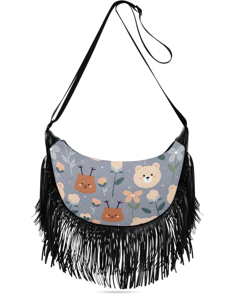 Cartoon Bear Deer Flower Cross Chest Purses for Women Tassel Detail Everyday Crossbody Bags for Ladies Womens Shoulder Bags M...