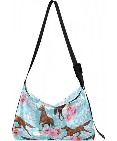 Running Horse Flowers Printing Ladies Leather Handbags Hobo Large Crossbody Bags Animal Print Crossbody Hobo Bags Running Hor...