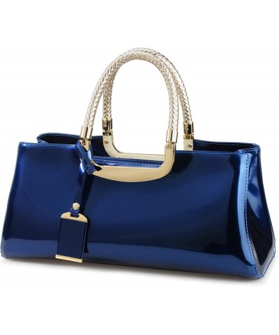 Glossy Faux Patent Leather Structured Shoulder Handbag Women Evening Party Satchel Navy $30.49 Satchels