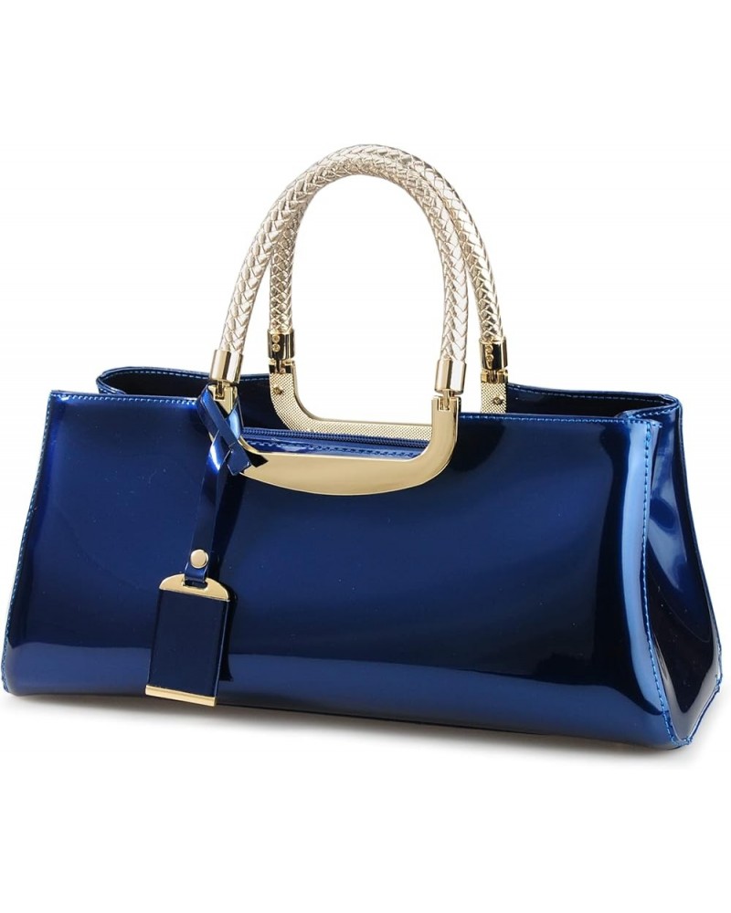 Glossy Faux Patent Leather Structured Shoulder Handbag Women Evening Party Satchel Navy $30.49 Satchels