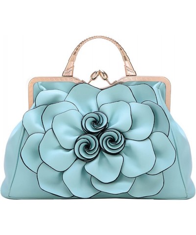 Genuine Leather Handbags Women 3D Floral Tote Bags Kiss Lock Purse Top Handle Light Blue $46.17 Totes