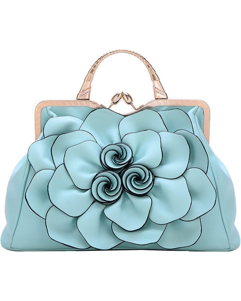 Genuine Leather Handbags Women 3D Floral Tote Bags Kiss Lock Purse Top Handle Light Blue $46.17 Totes