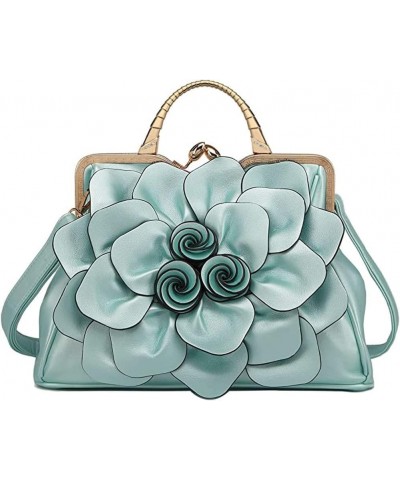 Genuine Leather Handbags Women 3D Floral Tote Bags Kiss Lock Purse Top Handle Light Blue $46.17 Totes