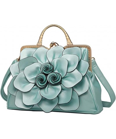 Genuine Leather Handbags Women 3D Floral Tote Bags Kiss Lock Purse Top Handle Light Blue $46.17 Totes