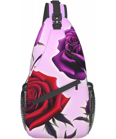 Red And Purple Roses Crossbody Bag, Men'S And Women'S Chest Crossbody Bag, Zipper Closure, Strap Length Adjustable $16.24 Cro...