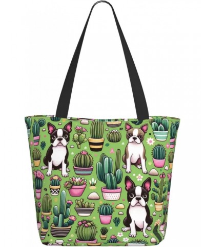 Women Shoulder Bag Boston-Terrier-Cactus-Cute Foldable Tote Bag With Zipper Closure Casual Shopping Purse Daily Bag $16.35 Totes