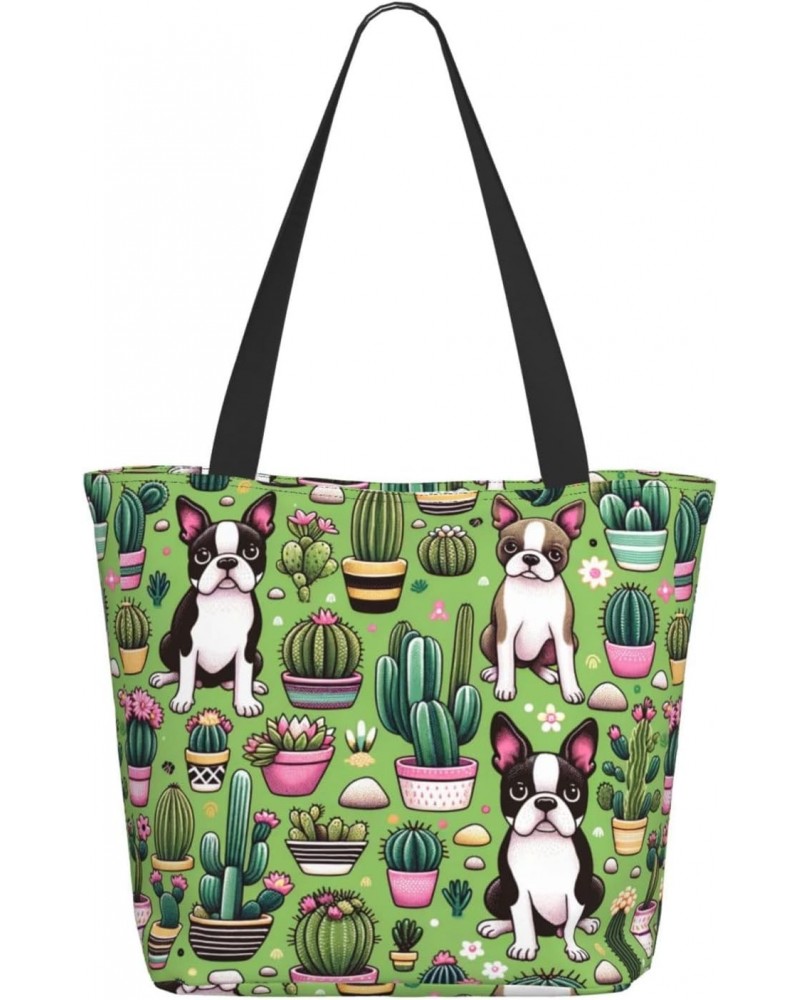 Women Shoulder Bag Boston-Terrier-Cactus-Cute Foldable Tote Bag With Zipper Closure Casual Shopping Purse Daily Bag $16.35 Totes