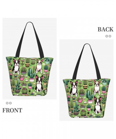 Women Shoulder Bag Boston-Terrier-Cactus-Cute Foldable Tote Bag With Zipper Closure Casual Shopping Purse Daily Bag $16.35 Totes