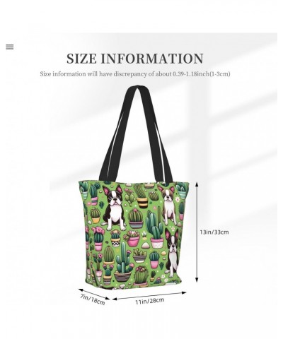 Women Shoulder Bag Boston-Terrier-Cactus-Cute Foldable Tote Bag With Zipper Closure Casual Shopping Purse Daily Bag $16.35 Totes