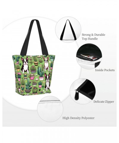 Women Shoulder Bag Boston-Terrier-Cactus-Cute Foldable Tote Bag With Zipper Closure Casual Shopping Purse Daily Bag $16.35 Totes