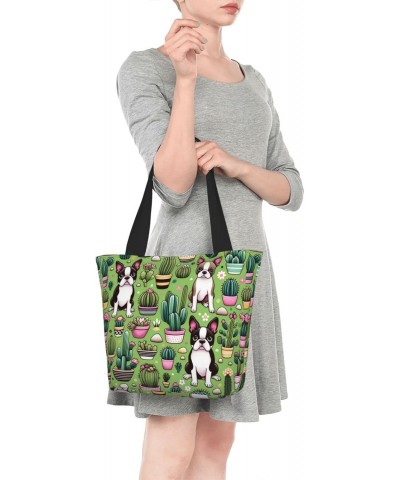 Women Shoulder Bag Boston-Terrier-Cactus-Cute Foldable Tote Bag With Zipper Closure Casual Shopping Purse Daily Bag $16.35 Totes