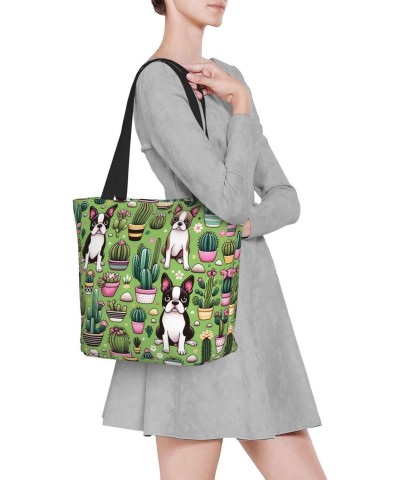 Women Shoulder Bag Boston-Terrier-Cactus-Cute Foldable Tote Bag With Zipper Closure Casual Shopping Purse Daily Bag $16.35 Totes