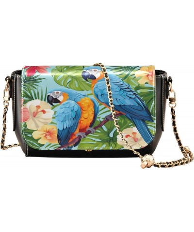 Tropical Pink Flamingos Green Palm Leaves Pu Leather Shoulder Bag for Women, Womens Handbags Crossbody Colorful Parrots and B...