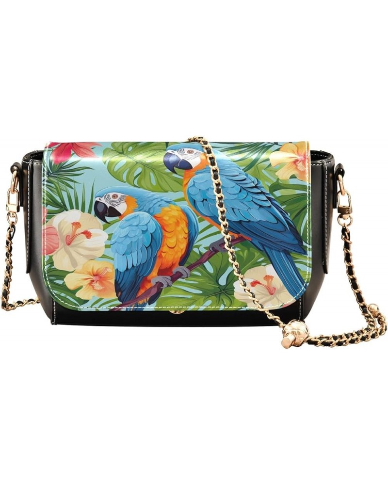 Tropical Pink Flamingos Green Palm Leaves Pu Leather Shoulder Bag for Women, Womens Handbags Crossbody Colorful Parrots and B...