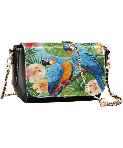 Tropical Pink Flamingos Green Palm Leaves Pu Leather Shoulder Bag for Women, Womens Handbags Crossbody Colorful Parrots and B...