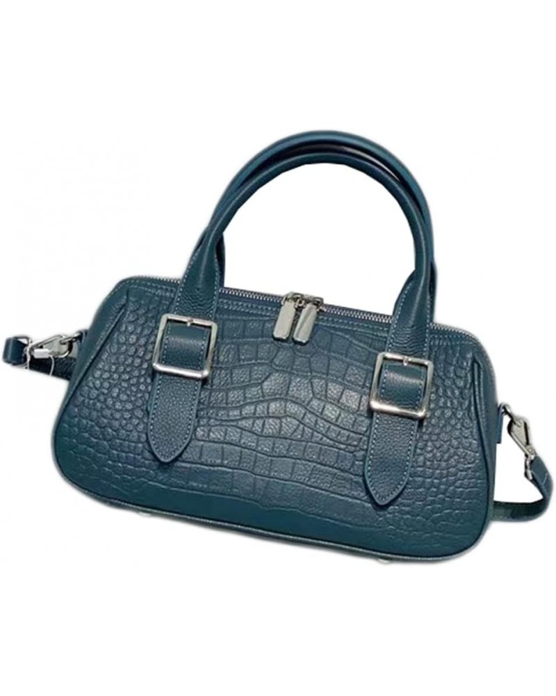 Crocodile Pattern Boston Bag Genuine Leather Shoulder Handbag Purses With Cross-body Chain Strap (Black) Blue $55.56 Crossbod...