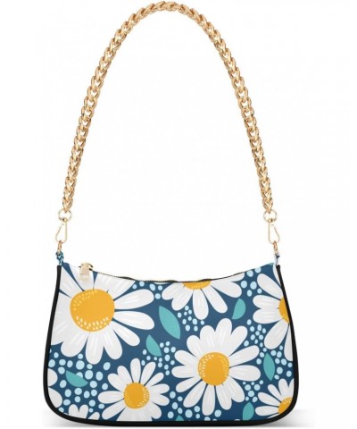 Women Chain Shoulder Purse Bag With Zipper White Daisy Daisy Flower Floral Print, Floral Pattern Hobo Tote Clutch Handbags wi...