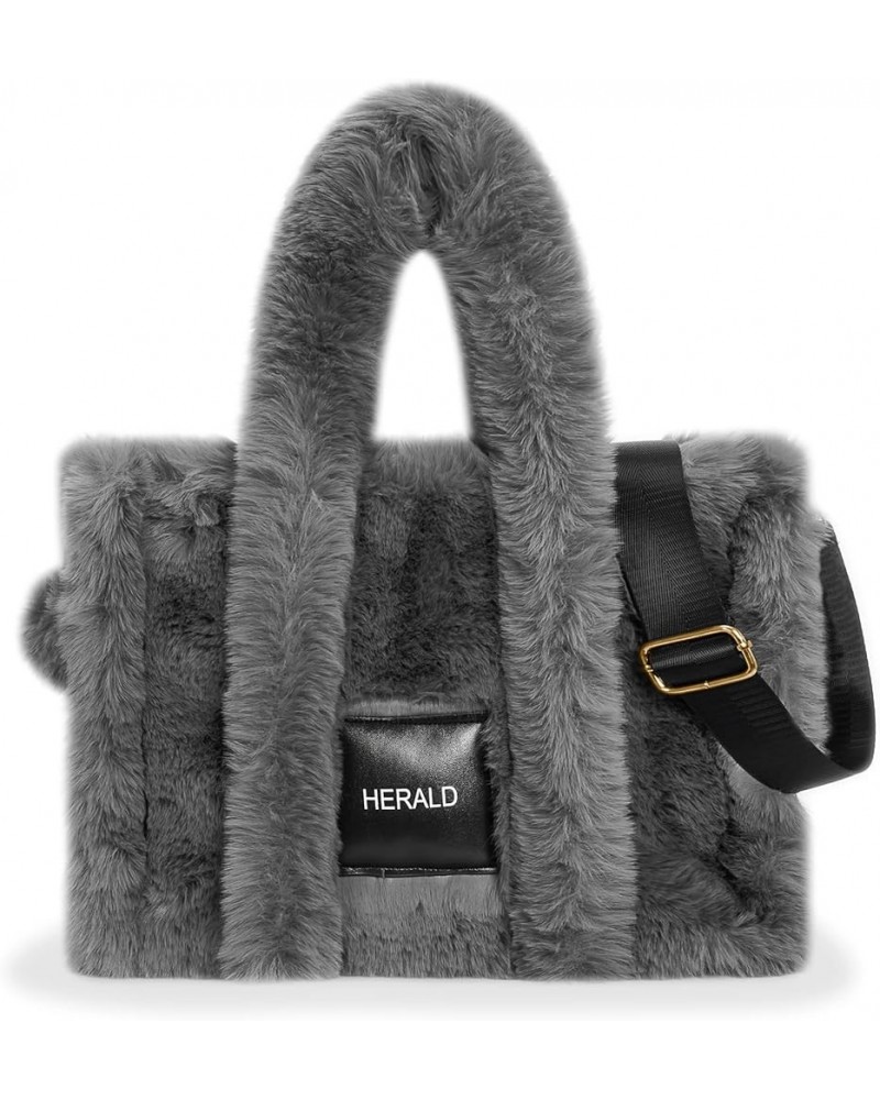 Large Tote Bag for Women Soft Winter Fluffy Fuzzy Furry Plush Top Handle Purse and Handbag With Long Shoulder Strap Dark Grey...