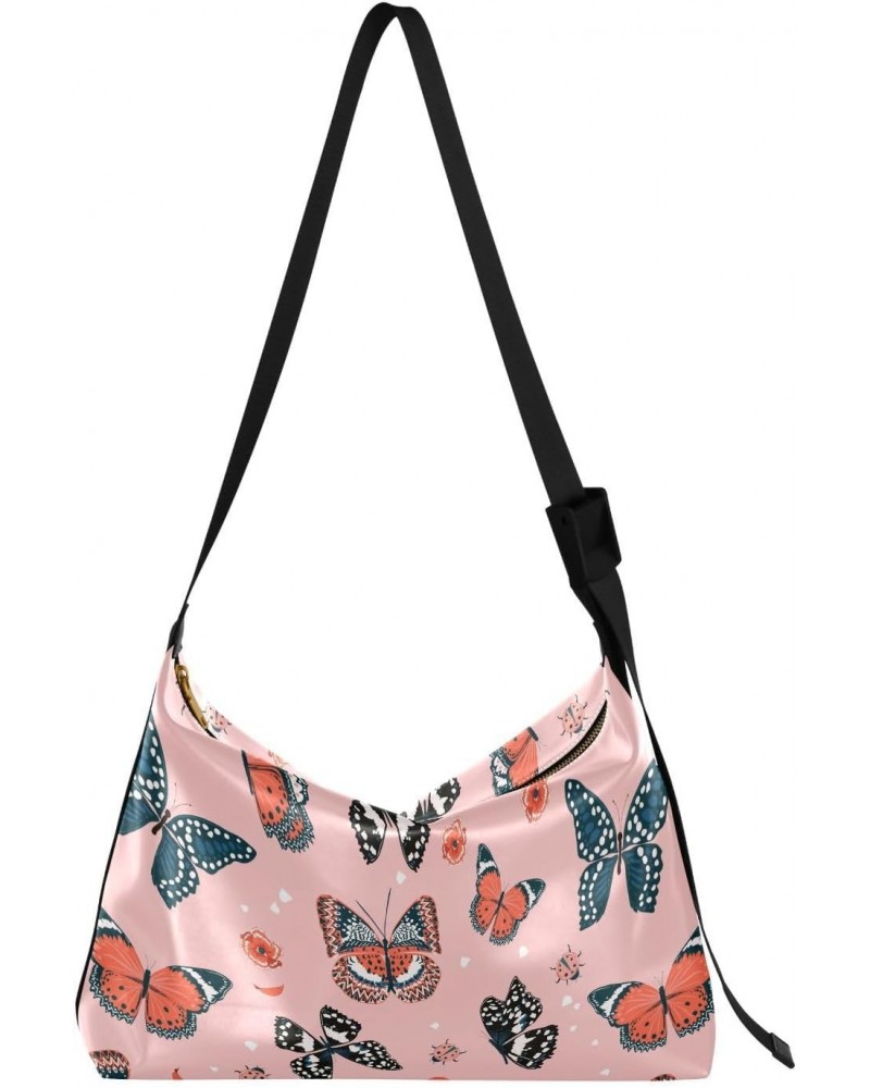 Butterflies Pink Hobo Bags for Women Purses Leather Crossbody Bag Handbag Shoulder Bag for Work Travel Gifts $15.84 Hobo Bags