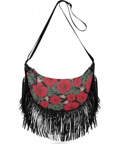 Women Fringe Crossbody Bags Vintage Red Rose with Zipper Women Saddle Tassel Hobo Bag, with Adjustable Strap for Women Daily ...