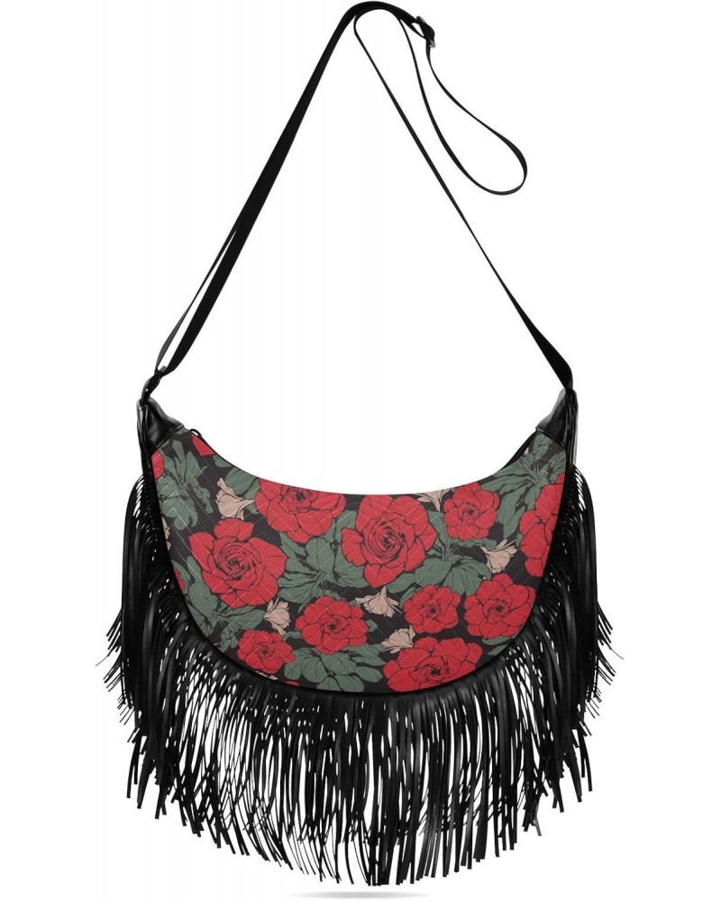 Women Fringe Crossbody Bags Vintage Red Rose with Zipper Women Saddle Tassel Hobo Bag, with Adjustable Strap for Women Daily ...