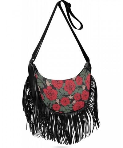 Women Fringe Crossbody Bags Vintage Red Rose with Zipper Women Saddle Tassel Hobo Bag, with Adjustable Strap for Women Daily ...