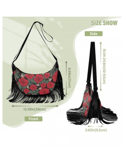 Women Fringe Crossbody Bags Vintage Red Rose with Zipper Women Saddle Tassel Hobo Bag, with Adjustable Strap for Women Daily ...