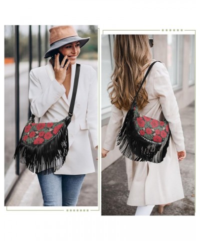 Women Fringe Crossbody Bags Vintage Red Rose with Zipper Women Saddle Tassel Hobo Bag, with Adjustable Strap for Women Daily ...