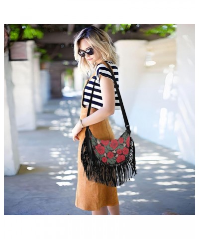 Women Fringe Crossbody Bags Vintage Red Rose with Zipper Women Saddle Tassel Hobo Bag, with Adjustable Strap for Women Daily ...