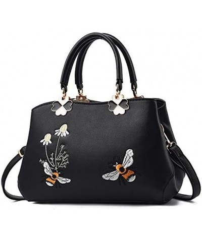 Women's Simple Handbag Fashionable Embroidered Soft Leather Shoulder Bag Ladies Shoulder Bags Crossbody Tote Bags (Black) Bla...