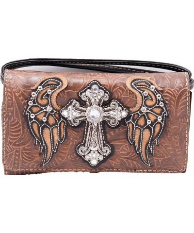 Western Rhinestone Cross Angelic Wings Women Crossbody Wristlet Wallet Brown $13.86 Wristlets