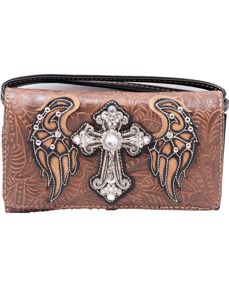 Western Rhinestone Cross Angelic Wings Women Crossbody Wristlet Wallet Brown $13.86 Wristlets