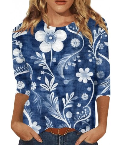 3/4 Length Sleeve Shirts for Women 2024 Crewneck Cute Tunic Tops Three Guarter Sleeve Slim Fit Floral Print Tshirts 3-blue $1...