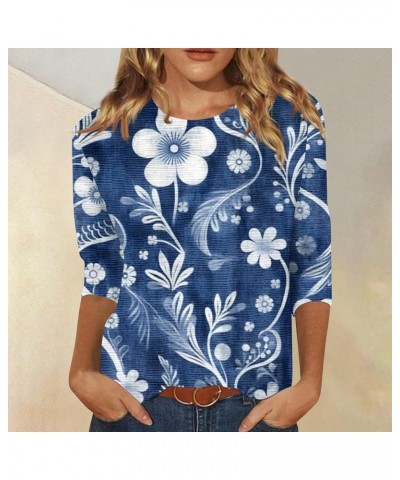 3/4 Length Sleeve Shirts for Women 2024 Crewneck Cute Tunic Tops Three Guarter Sleeve Slim Fit Floral Print Tshirts 3-blue $1...