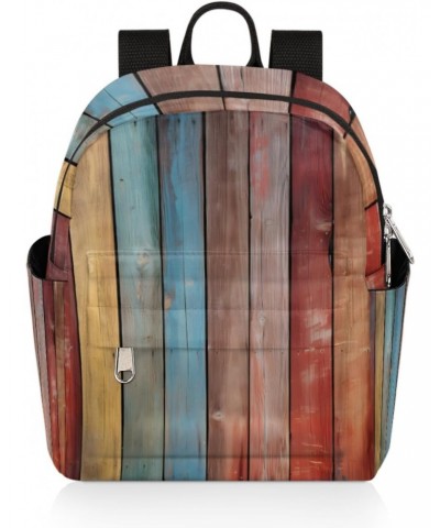 Vintage Wooden Striped Mini Backpack Purse for Women Girls, Rainbow Wooden Texture Small Backpack Lightweight Casual Travel B...