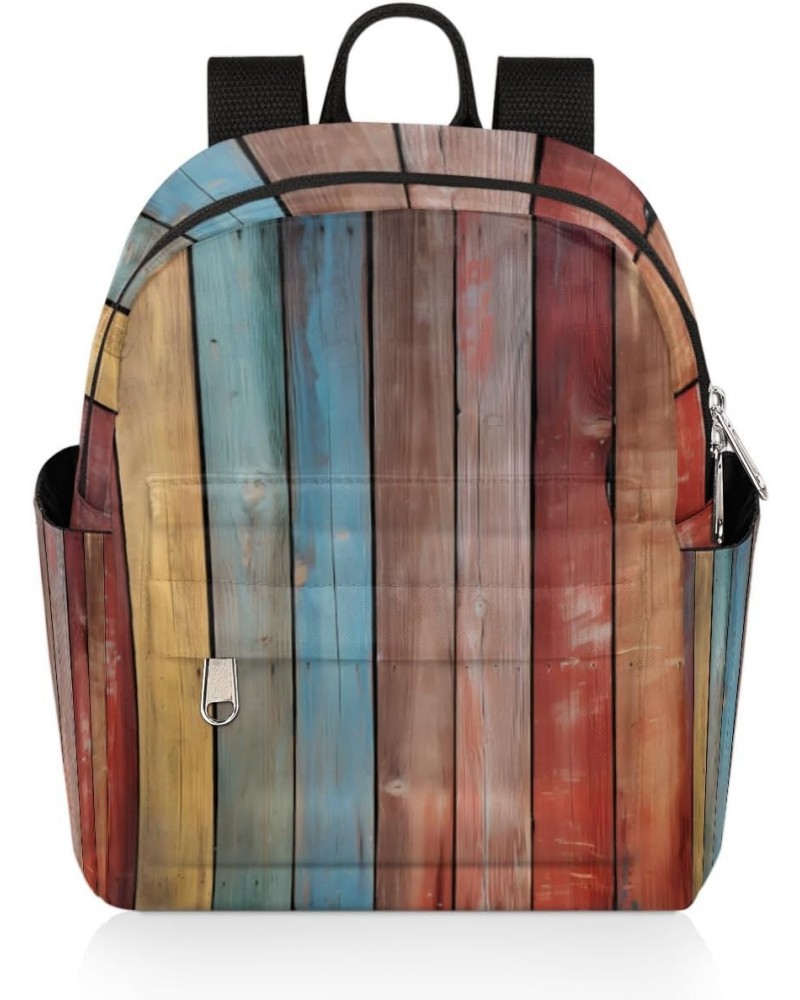 Vintage Wooden Striped Mini Backpack Purse for Women Girls, Rainbow Wooden Texture Small Backpack Lightweight Casual Travel B...